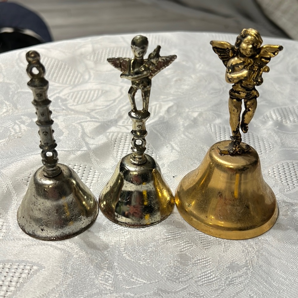 Vintage antique brass and silver angel and other bells